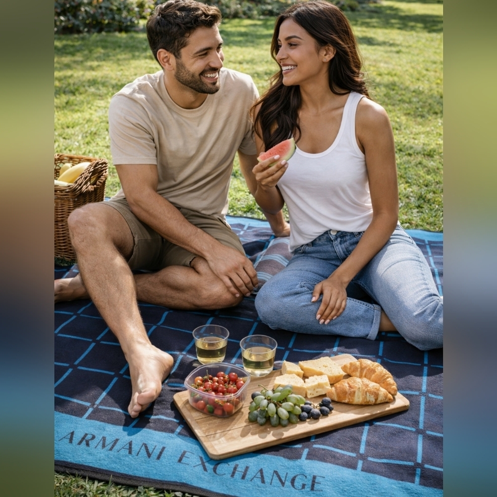 Armani Exchange Navy and Teal Picnic Throw Blanket